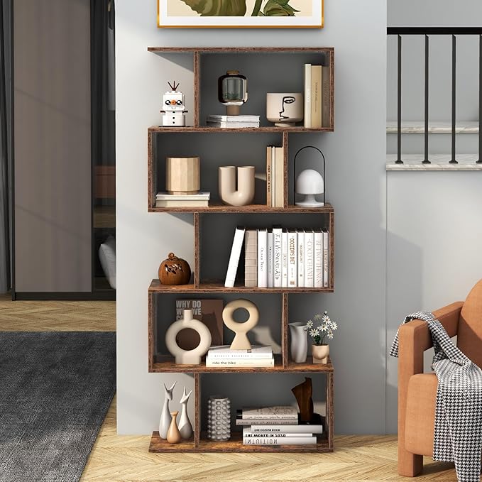5-Tier Geometric Bookcase, 62.5” Freestanding Room Divider Bookshelf with Open Display Shelves & Anti-tip Device, Wood S-Shaped Storage Organizer for Living Room, Bedroom, Study & Home Office