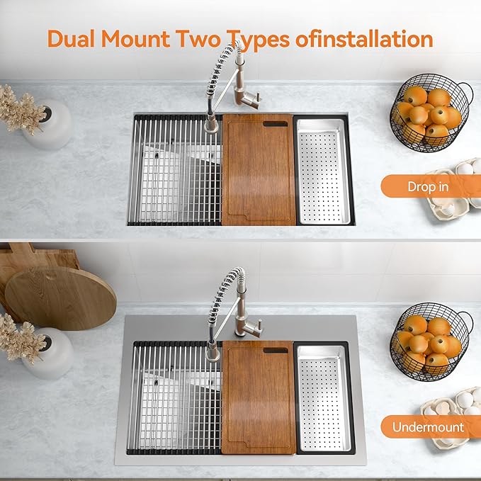 33 x 22 Drop-In/Undermount Kitchen Sink, TECASA Single Bowl Kitchen Sink with Pull Down Faucet, 18-Gauge T-304 Stainless Steel Basin with Workstation