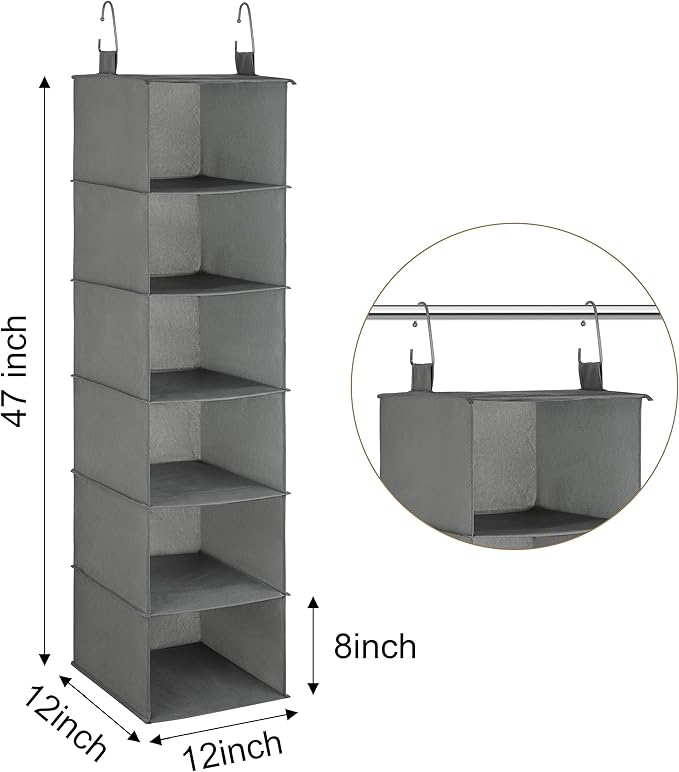 Libeder 6-Shelf Hanging Organizer with Drawers, Closet Hanging Organizers and Storage Shelves with 6 Side Pockets,Hanging Shelves for Clothes, Underwear, Nursery, Closet, RV(Grey)
