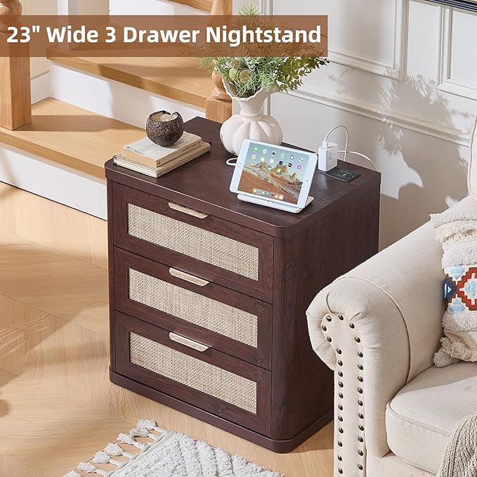 LEYAOYAO Rattan Night Stand Set of 2 with Charger Station, 23" Large 3 Drawer Boho Nightstand, Walnut Bedside Table Storage Cabinet, Bed Side End Tables for Bedroom, Living Room, Hallway
