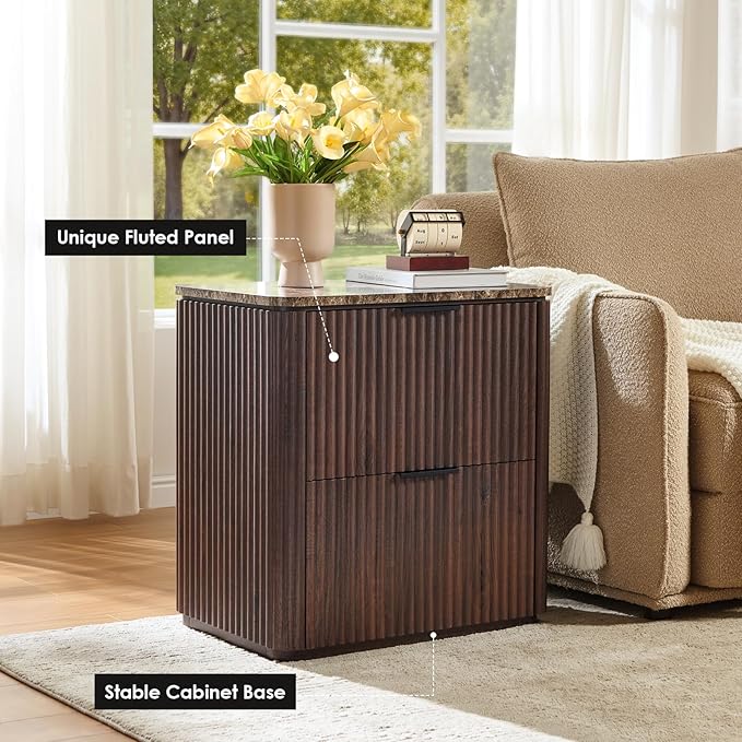 Fluted Nightstand Set of 2, Bedside Table with 2 Drawers, Engineered Wood End Table with Faux Marble-Top, Curved Corners, Metal Handle, Modern Night Stand for Bedroom, Small Spaces, Dark Oak
