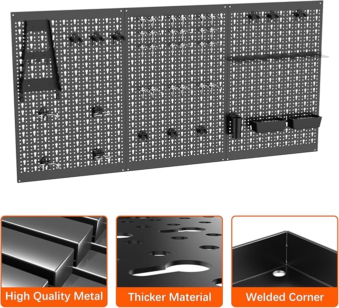 TORACK 3 PCS Metal Pegboard Panels for Garage Wall Utility Tools Storage Pegboard for Workbench, Modular Peg Board Tool Organizer Board Kit(Pack of 3, Black)
