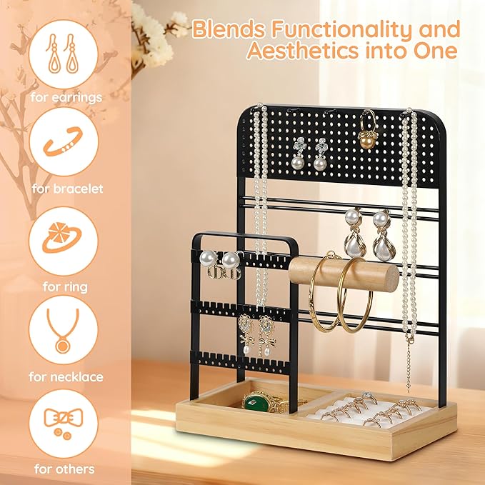 QILICHZ 5-Tier Jewelry Holder,Jewelry Organizer Stand with Tray,Wood Earring Holder Organizer,Jewellery Display for Vendors for Stud,Earring, Necklace,Bracelet, Rings,Room Decor, Black
