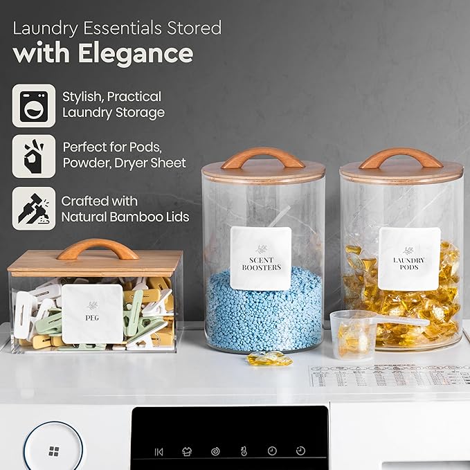 Laundry Pod Storage Container Set | Two 3L Glass Jars & One Acrylic Dryer Sheet Container with Bamboo Lids – Includes 2 Scoops, 60 Waterproof Laundry Labels – Dishwasher Safe