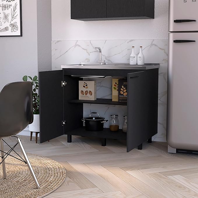 Oklahoma 2 Utility Sink & Cabinet, Interior Shelf, Aluminum Countertop,Black -Kitchen Room