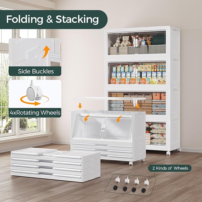 600QT Extra Large Stackable Storage Bins with Lid, 150Gal Collapsible Closet Organizer Box with Wheels, Folding Plastic Storage Cabinet with Doors for Home Kitchen Office Dorm, 5Pack White