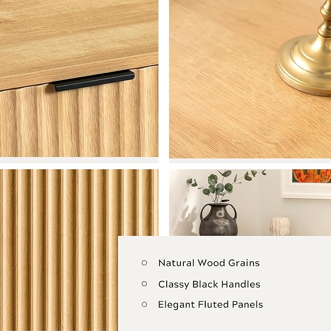 Modern Corner Cabinet, Fluted Small Floor Storage Cabinet with Adjustable Shelf, Freestanding Narrow Organizer for Living Room Kitchen, Natural Oak