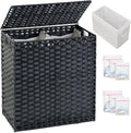 Laundry Hamper with Lid Wicker Laundry Basket 112 L (29.6 Gal) Laundry Hampers Handwoven Rattan Clothes Hamper with Handles 3 Removable Liner Bag, 6 Mesh Bags for Bathroom Bedroom Black