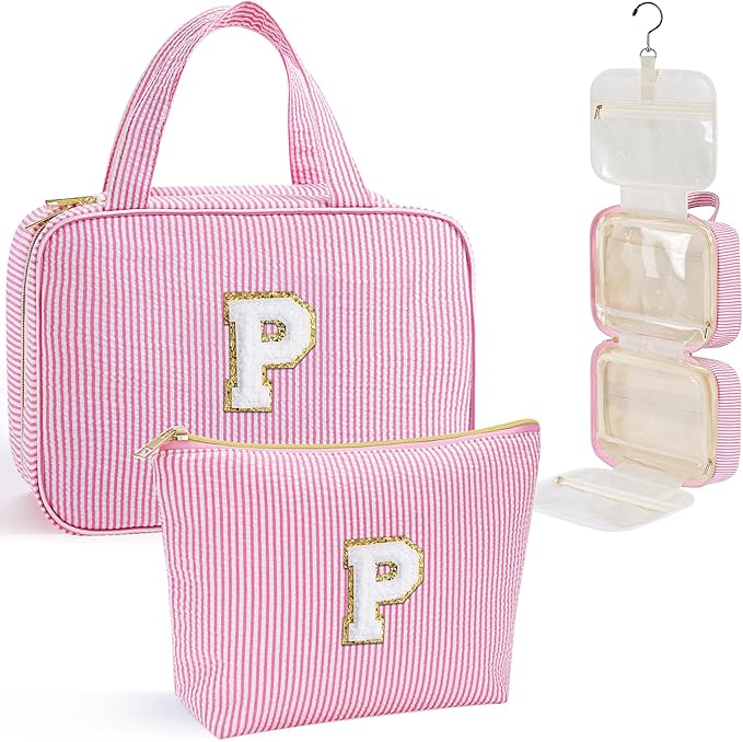 YOOLIFE Hanging Toiletry Bag for Women - Travel Toiletry Bag Makeup Bag, Portable Toiletries Cosmetic Bag, Airplane Travel Essentials - Letter P, Pink