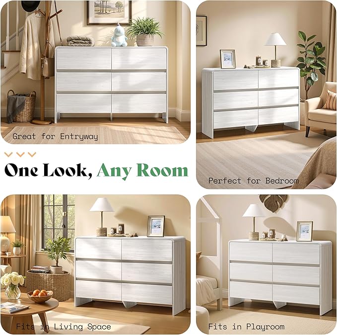 AMERLIFE 6 Drawer Dresser for Bedroom, 49" Long Modern Chest of Storage Drawers with Rounded Corners, Anti-Tip Kit, Wood Cabinet Organizer for Closet, Living Room, Nursery, Easy Assembly, White