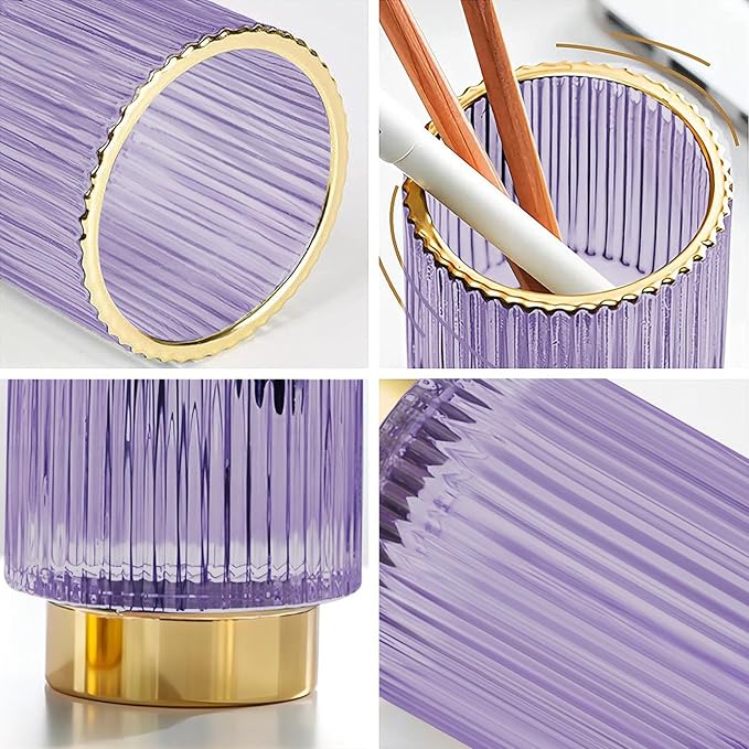DASITON Makeup Brush holder Organizer,Crystal Cosmetic Makeup Brush Glass Brushes Storage Holder, Vintage Make Up Brush Cup Pen Pencil Holder striped vase(Purple S)