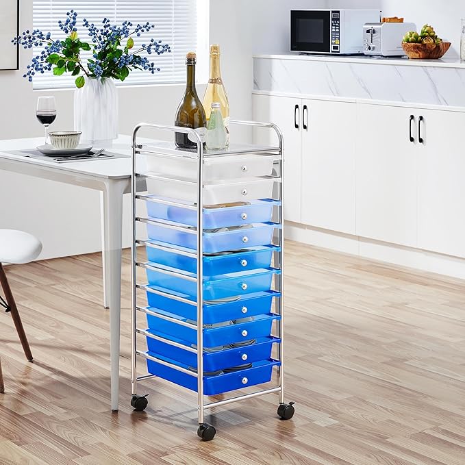 Yaheetech Rolling Cart Organizer Plastic Trolley with 10 Storage Drawers Utility Cart on Wheels Art Craft Organizer Ample Storage Space, Blue Gradient