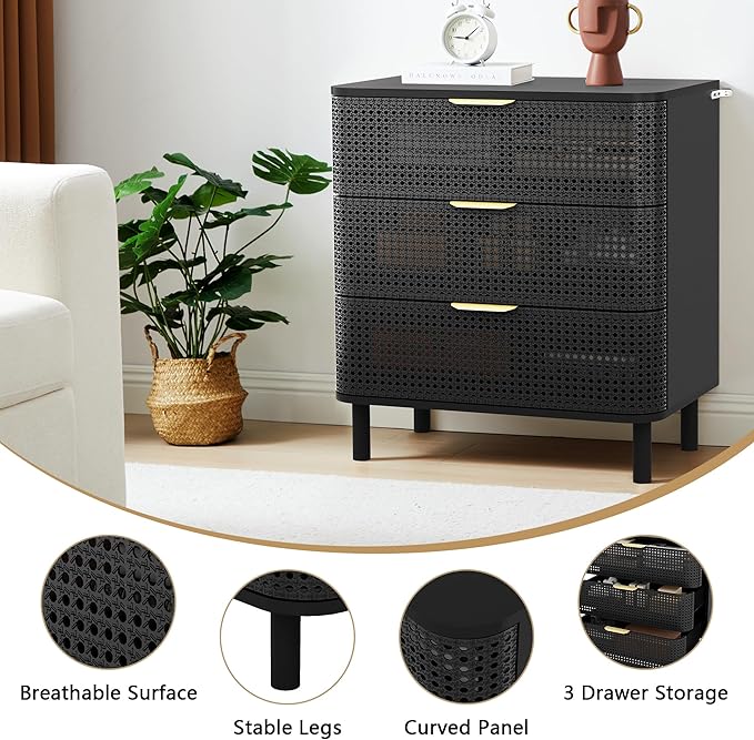 ORRD 3 Drawer Dresser Set of 2, Modern Iron Rattan Cabinet Dresser for Bedroom, Large Nightstand Accent Storage Chest of Drawers for Living Room, Bedroom - Black