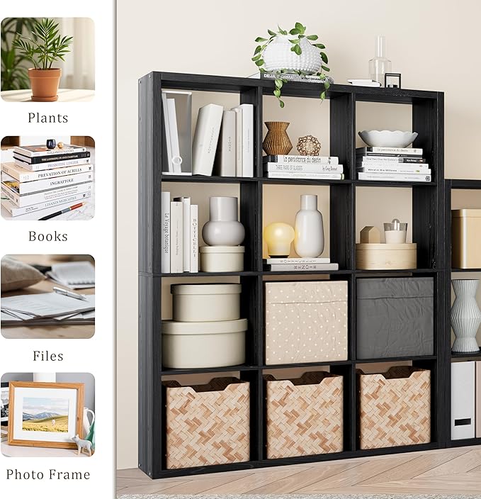 Cube Storage Organizer Bookcase, Decorative 11 inch Open Back Cubical Shelf with Thickened Border, Display Bookshelf for Living Room, Home Office, Sturdy Room (Black, 12 Cube)