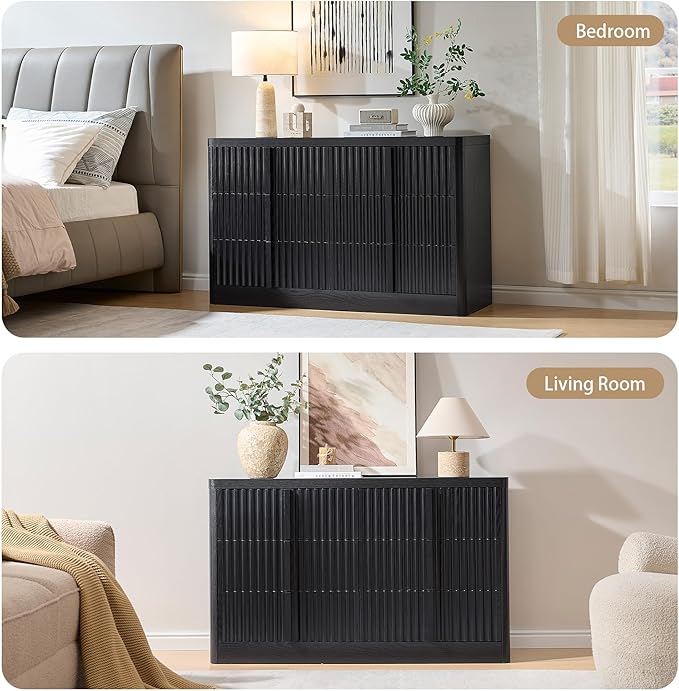 Black Fluted Dresser for Bedroom, 47" Wide 6 Drawer Dresser, Modern TV Stand Set, Curved Profile Design, Chest of Drawers with Solid Wood Handle for Living Room, Bedroom, Hallway