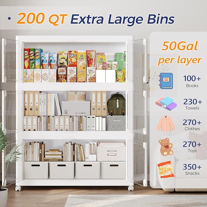 800Qt Stackable Storage Bins with Lid and Wheels, 200Gal Plastic Closet Organizer and Storage Drawer, Large Collapsible Storage Box Cabinet with Clear Door for Home Kitchen Office, 4Pack White