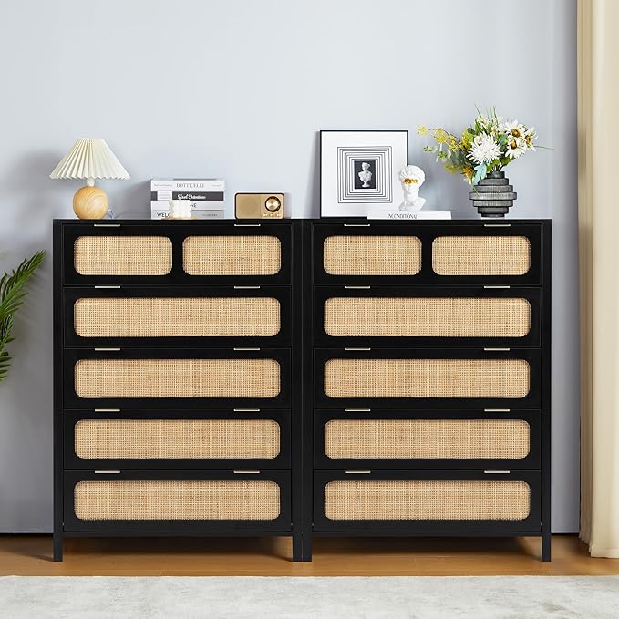 5 Drawer Dresser with Rattan Finish, Modern Farmhouse Chest of Drawers with Metal Handles, Accent Wood Storage Cabinet for Bedroom, Living Room (Black)