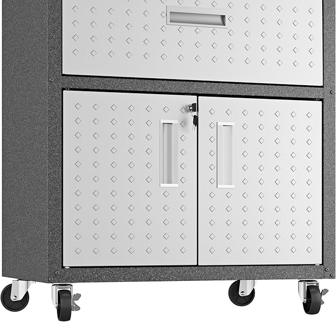 Manhattan Comfort Fortress Textured Metal 31.5" Garage Mobile Cabinet with 1 Full Extension Drawer and 2 Adjustable Shelves, Black/Gray