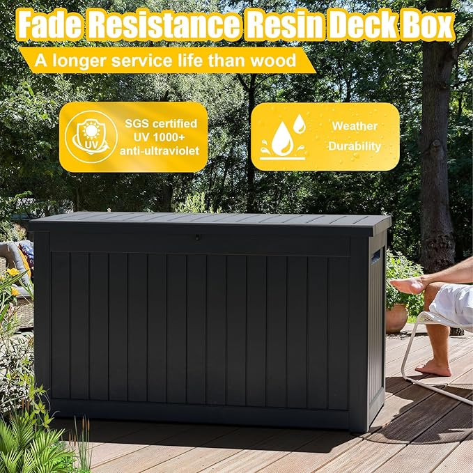 280 Gallon Large Deck Box,Resin Outdoor Storage Box with Lockable for Patio Furniture, Garden Tools Waterproof Outside Storage Box, Black