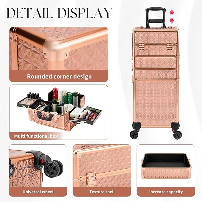 Leeora&Leekoo Portable Multi-Storey Nail Case for Nail Tech Organizer - Wheels Makeup Case Organizer, Cosmetic Case, Makeup Train Case, Make Up Case (rose gold)