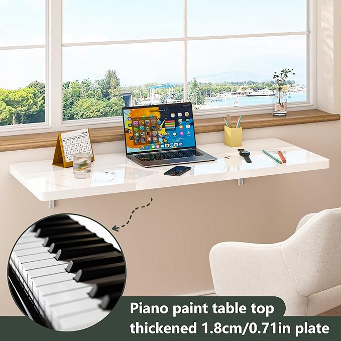 Clikuutory Wall Mounted High Gloss Folding Table, Wall Desk Fold Down for Small Spaces, Folding Workbench for Laundry Room, Home Office, Kitchen, Bedroom, Home Bar, White (47.2"×19.7")