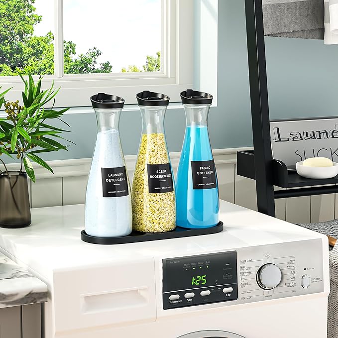 3 Pack Laundry Detergent Dispenser Container with Tray, 54OZ Liquid Laundry Soap Dispenser with 12 Labels, Black Laundry Room Organization for Powder, and Fabric Softener
