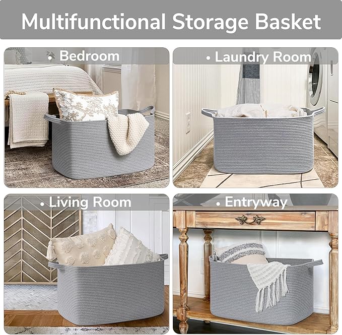 Goodpick Large Toy Basket for Blankets, Baby Laundry Basket, Storage Baskets for Organizing, Laundry Hamper for Dirty Clothes, Towel, Woven Rope Storage Baskets, 21.6" x 14.9" x 11.8", Gray