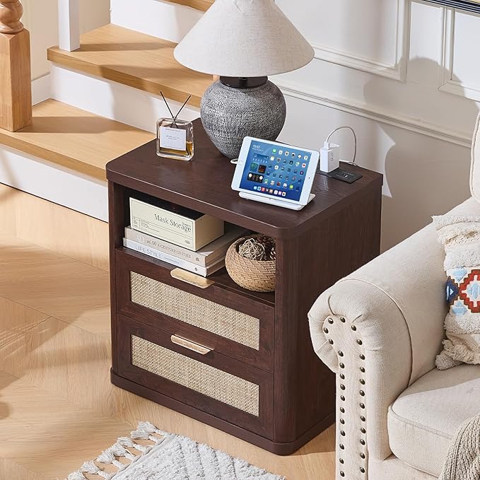 LEYAOYAO Rattan Nightstands Set of 2 with Charger Station, 23" Wide Boho Night Stand with 2 Drawers, Bedside Table Open Shlef, Bed Side End Table Dresser for Bedroom, Living Room Hallway, Walnut