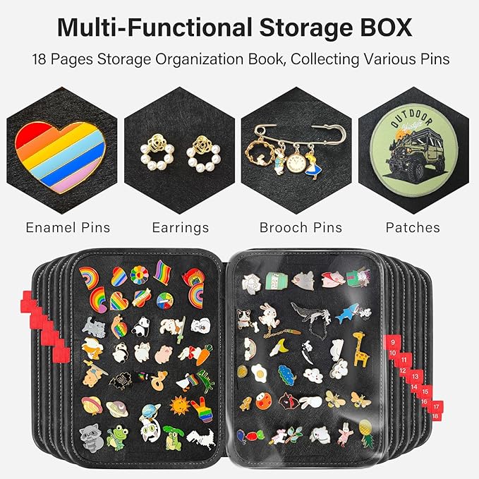 Enamel Pin Display Book, 18 Page Pin Bag For Collectors Pin Board Storage and Organization Pin Display Case For Various Sizes Of Pins, Travel Brooches, Sports Medals, Paper Clips, Earrings