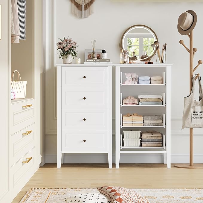 TTVIEW 4 Drawer Dresser, White Dresser Antique Chest of Drawers with Solid Frame, Tall Wood Storage Chest Cabinet for Living Room, Bathroom, Entryway, White