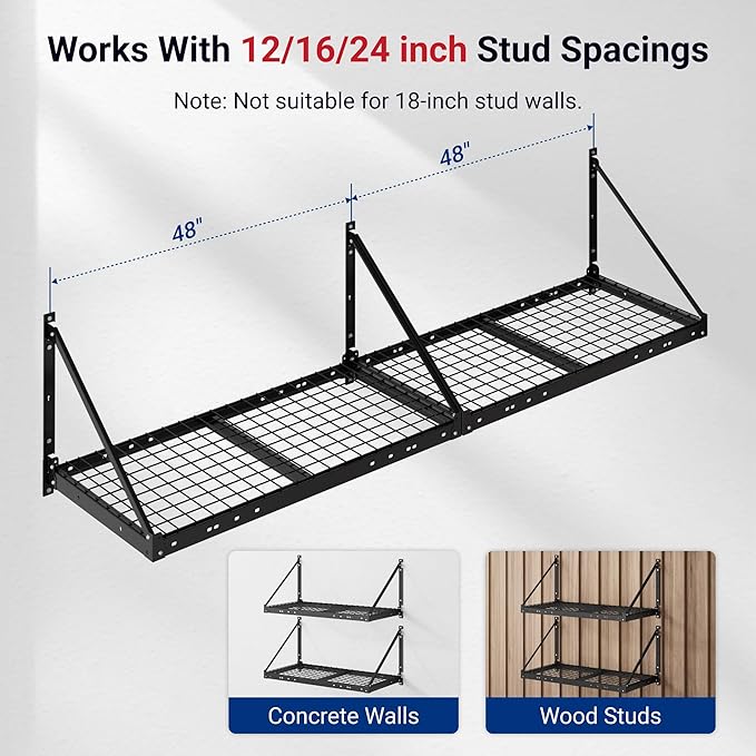 FLEXIMOUNTS 4-Pack 2x4ft Garage Wall Shelving - Heavy Duty Garage Storage System, 1320lbs Load Capacity with Brace Guardrail, Organization for Tools, Bins, Sports Equipment, Utility Room, Pro Series