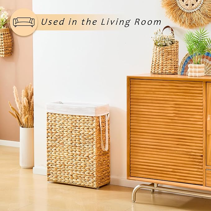 Handwoven Slim Laundry Hamper, 55L Narrow Laundry Basket, Natural Water Hyacinth Basket and Handles and Removable Liner Bag & 2 Mesh Bags (Natural, 55L)