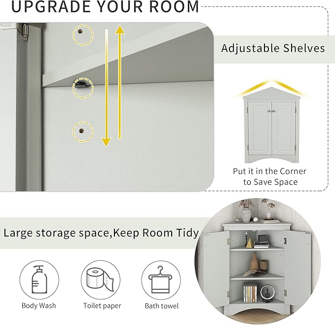 GDFStudio 31.5" H Triangle Corner Bathroom Storage Cabinet with Adjustable Shelves,Freestanding Floor Cabinet for Small Spaces,Water-Resistant Cabinet Modern Organizer for Home,Kitchen,Hallway, Grey