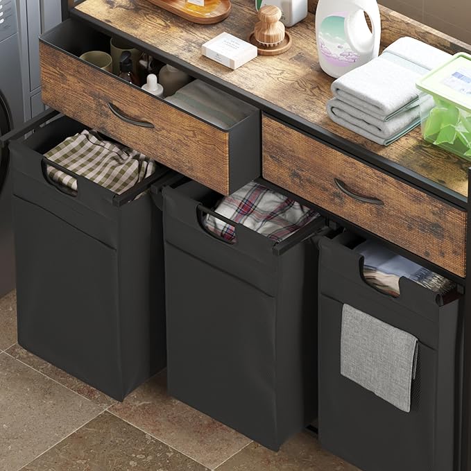 Laundry Hamper baskets 3 Section with 2 Drawers, 150L Laundry Sorter with Wheels Pull-Out Removable Laundry Bags, Rustic Brown and Black