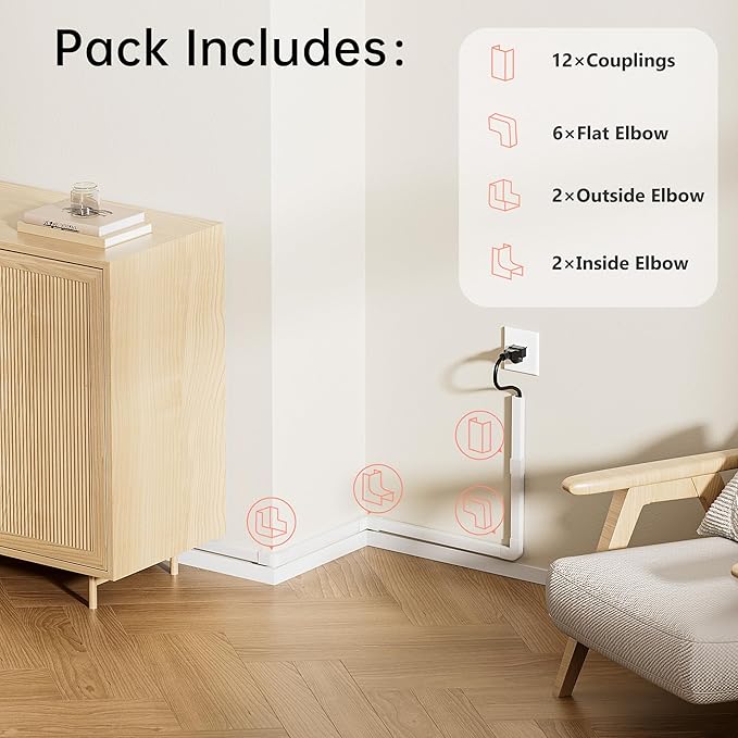 Yecaye PVC Wire Covers for Cords on Wall, One-Cord Cable Concealer Kit, Paintable Cable Raceway Management, Cord Hider, Max for 2 Small Cords for Home Office, W0.59in H0.4in