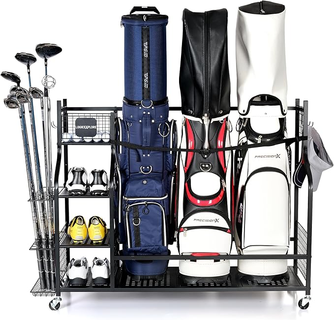 Golf Storage Rack, Garage Golf Organizer for 3 Golf Bags, Clubs, Balls, Shoes & Accessories, Garage Home Heavy Duty Golf Equipment Storage
