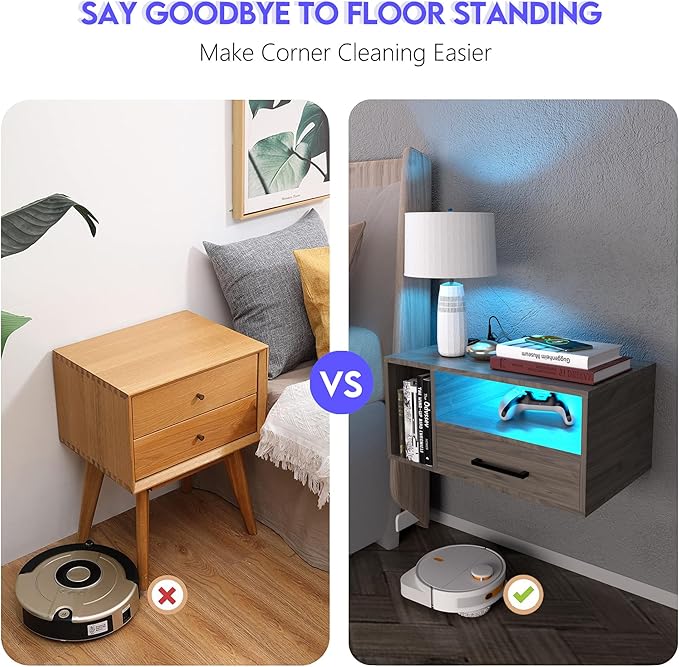 Homaterial Floating Nightstand with Charging Station and LED Lights, Floating Bedside Table with Drawers Wall Mounted Nightstands,for Bedroom Room, 21.3" x 11.8" x 10",Grayish Brown