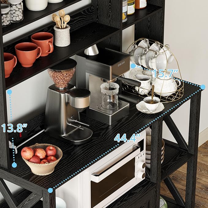 IRONCK Bakers Rack with Power Outlet, 45in Wide Coffee Bar Cabinet with Storage, 6-Tier Kitchen Storage with Doors, Microwave Stand for Kitchen, Dining Room