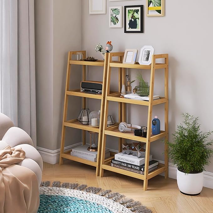 SMIBUY Bamboo Ladder Bookcase, Bathroom Storage Rack Organizer, 4 Tier and 5 Tier Freestanding Plant Display Stand Space Saver Shelves for Bedroom, Kitchen, Balcony (Natural, 4 Tiers (39" H))