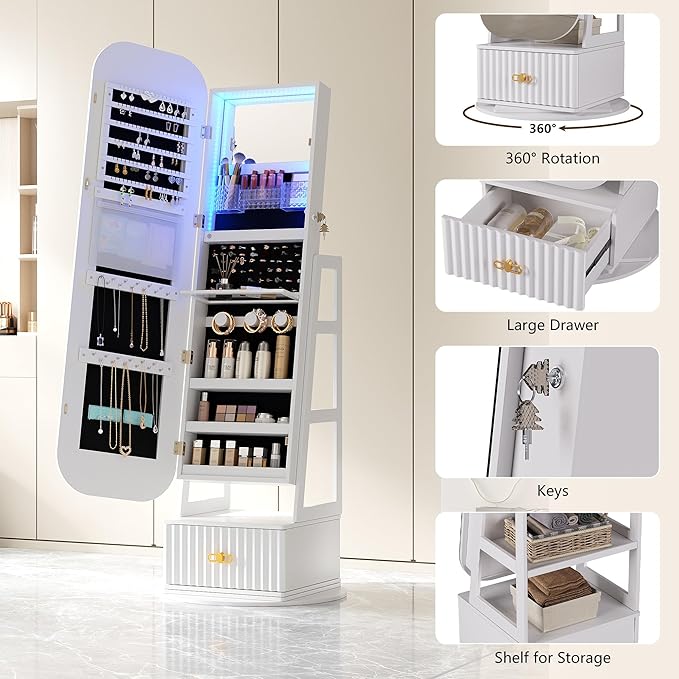360°Swivel jewelry organizer with Full Length Mirror with Lights,Jewelry Armoires Cabinet Standing with Drawer,Large Mirror Storage for Jewelry and Makeup（White）