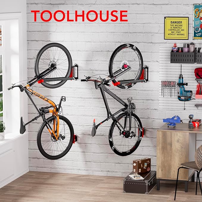 2-Pack Swivel Bike Rack Wall Mount, Bike Hangers for Garage, Space-Saving Vertical Bike Holder, Holds up to 77 lbs, Bicycle Wall Hanger Storage, No Heavy Lifting Required Indoor Hanging Bike Rack-Red