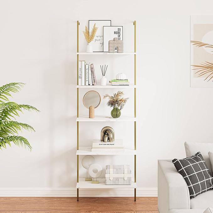 5 Tiers Ladder Shelf White Marble Modern Bookshelf Open Tall Wall Mount Bookcase Standing Leaning Wall Shelves Industrial Decorative