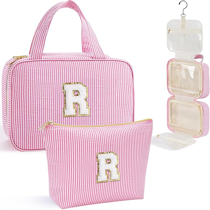 YOOLIFE Hanging Toiletry Bag - Large Capacity Personalized Travel Toiletry Bag for Women, Cruise Ship Essentials - Letter R, Pink