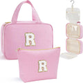 YOOLIFE Hanging Toiletry Bag - Large Capacity Personalized Travel Toiletry Bag for Women, Cruise Ship Essentials - Letter R, Pink