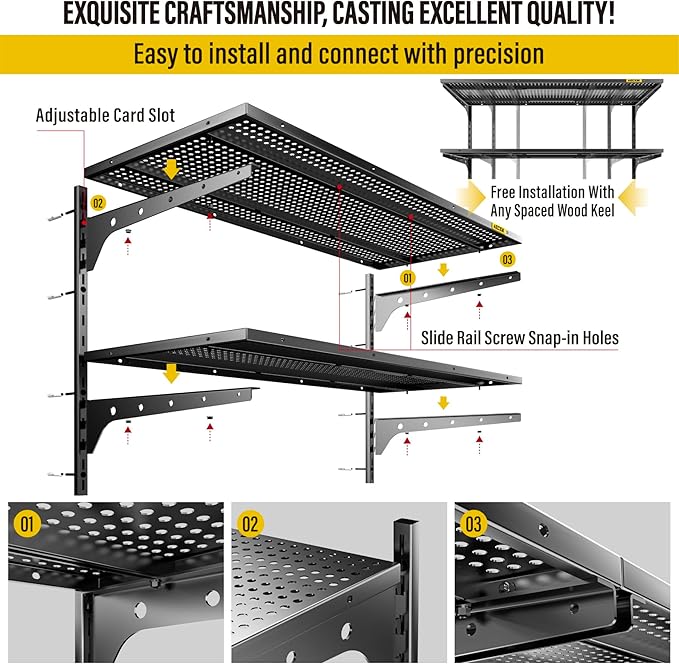 2-Pack 2 Tier 1.3x3ft Garage Shelving Wall Mounted, 500lbs Load Capacity，15.6x36inch per Shelf Height Cassette Adjustable Floating Shelves, Black