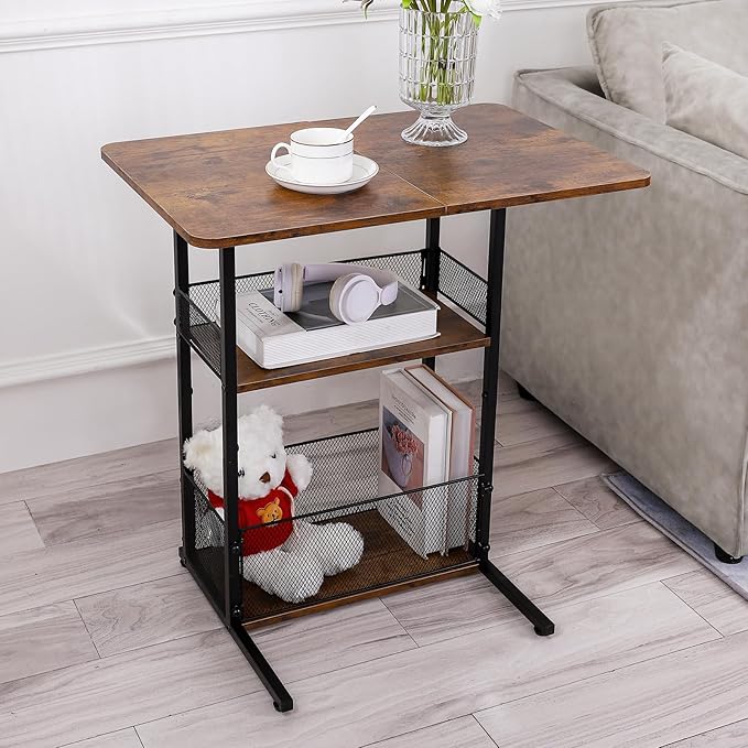 C Shaped End Table with Storage Shelf Basket, Small Couch Table with Wheels for Sofa Recliner Bedside, Rustic Brown Side Tables with Extended Desktop for Living Room, Bedroom, Home,Office