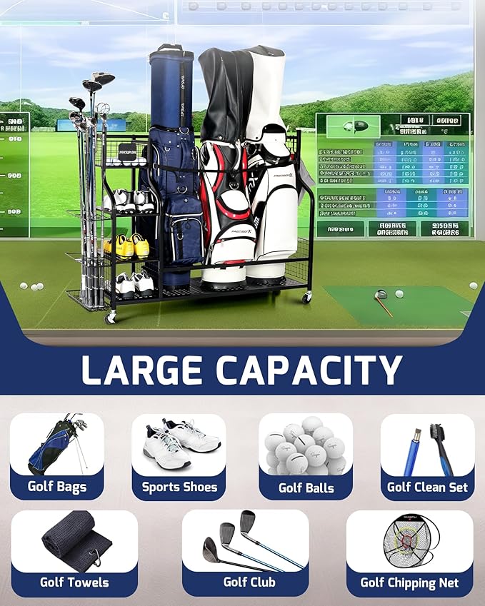 Golf Storage Rack, Garage Golf Organizer for 3 Golf Bags, Clubs, Balls, Shoes & Accessories, Garage Home Heavy Duty Golf Equipment Storage