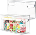 primebox Plastic Food Storage 2 Pack Clear Container Bin with Handles for Organizing Kitchen, Pantry, Refrigerator, Freezer, Pantry, Cabinet, Closet, Bathroom. 10”x4”x5”
