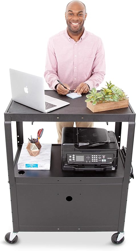 Line Leader Large AV Cart with Locking Cabinet | Height Adjustable Utility Cart with Pullout Keyboard Tray & Cord Management | UL Safety-Certified Computer Cart | Easy Assembly (32 x 18 x 42in)