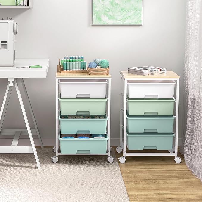 Utility Cart with 4 Drawers,Rolling Storage Cart with Drawers,Storage Rolling Drawer Cart with Wooden Tabletop for Bedroom,Kid's Room,Dorm,Classroom,Office,Green